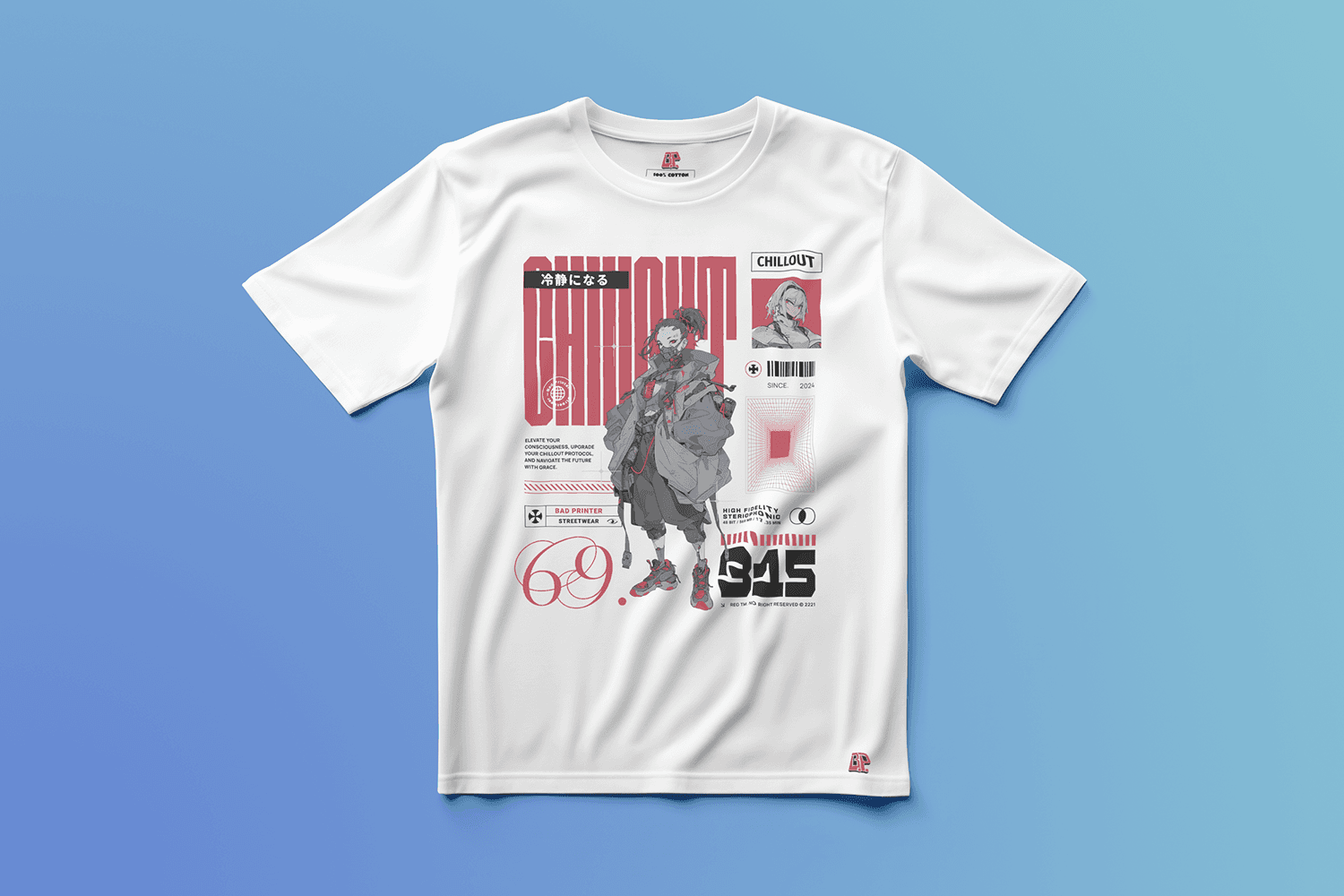 Chillout Editionの白いグラフィックTシャツ（正面）